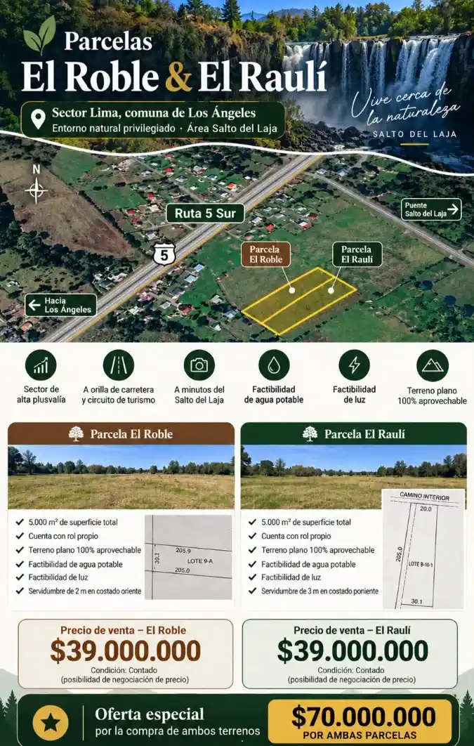 2 parcelas de 5000 m², a pasos Saltos del Laja